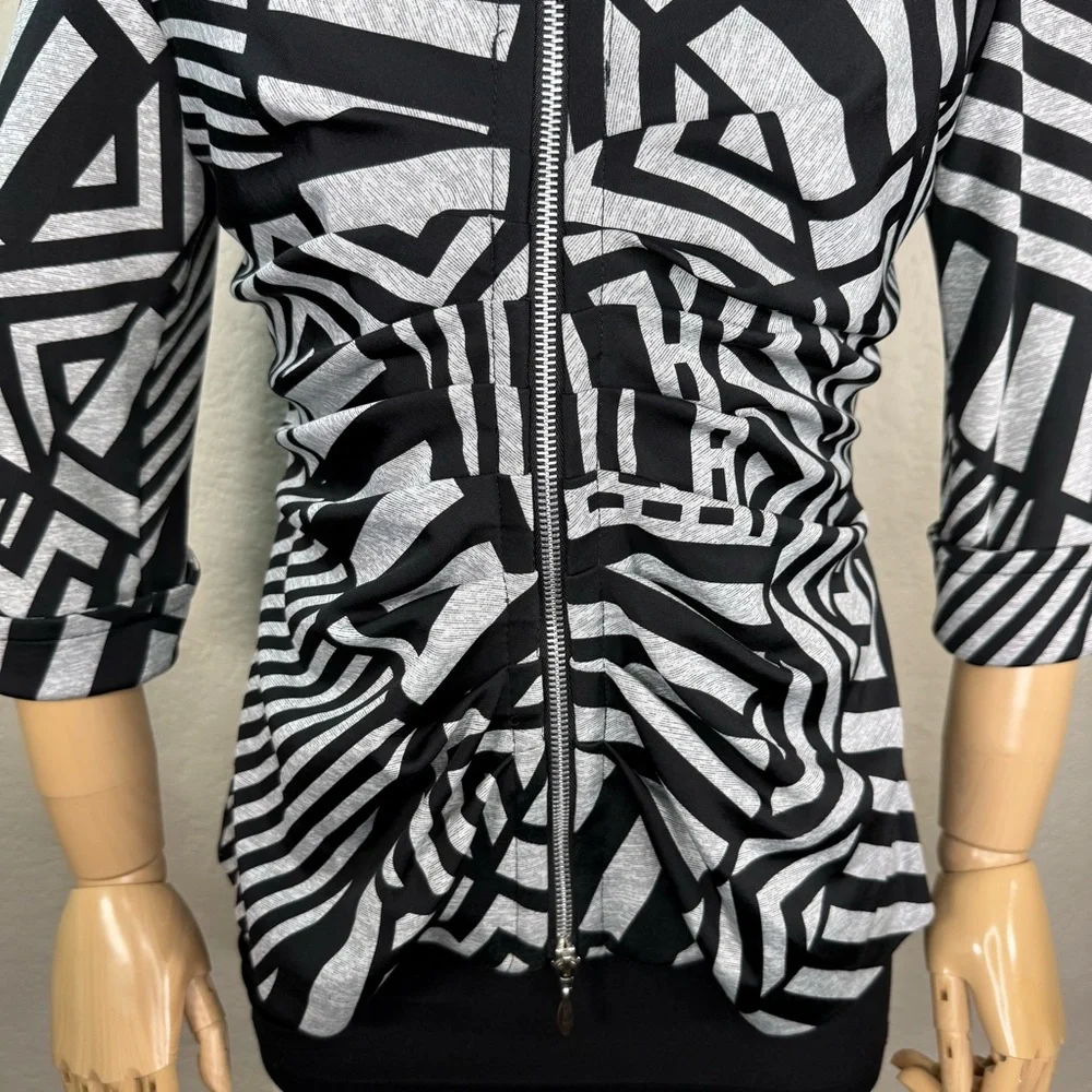 Joseph Ribkoff Geometric Ruched Striped Fitted Zip Blazer Light Jacket SZ 10 EUC